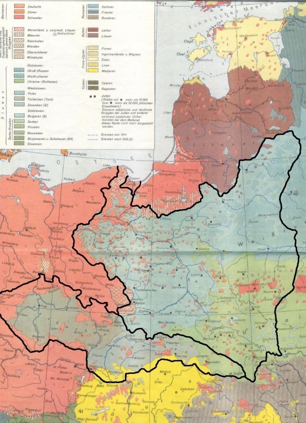 Siedlungsgebiete der Völker und Unrechtsgrenzen zweier Staaten vor dem Krieg